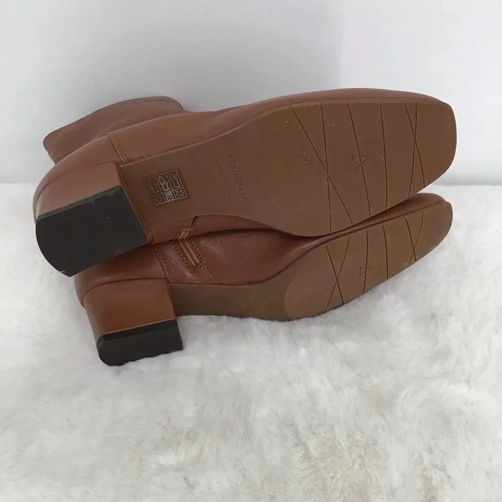 Aquatalia NWOT Selina Square Toe Leather Ankle Boots Cognac Size 8.5